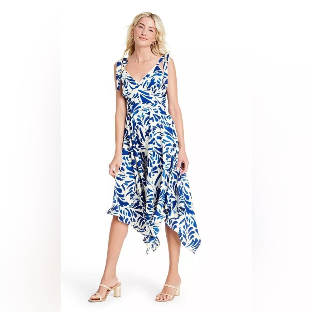 NWT ALEXIS for Target Botanical Twill Print Asymmetrical Blue White Dress Sz S
